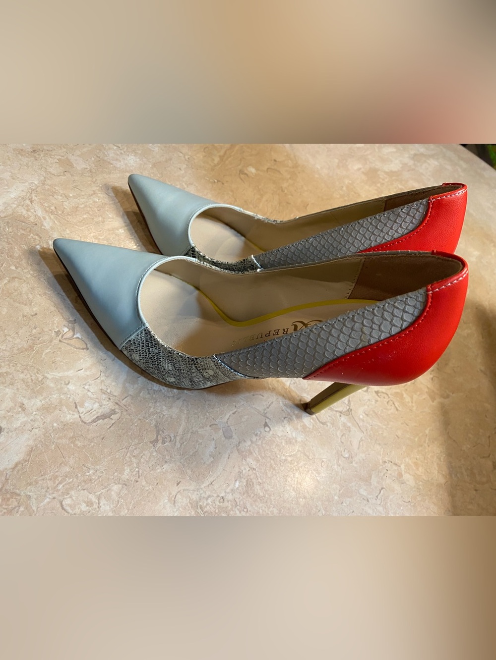 Vaneli Two-Tone Pointed-Toe Pumps in Gray, Snake-Print & Red